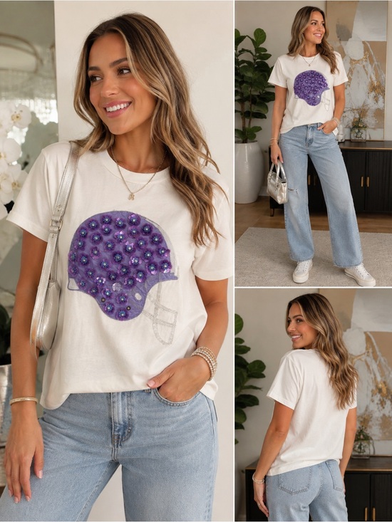 QUEEN OF SPARKLES Tops - Queen of Sparkles Purple Sequin Football Tee Size Small game day